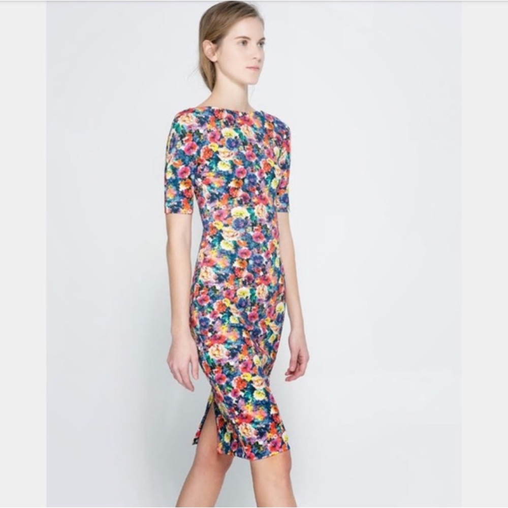 NWT Zara Floral Neoprene Midi Bodycon Dress
